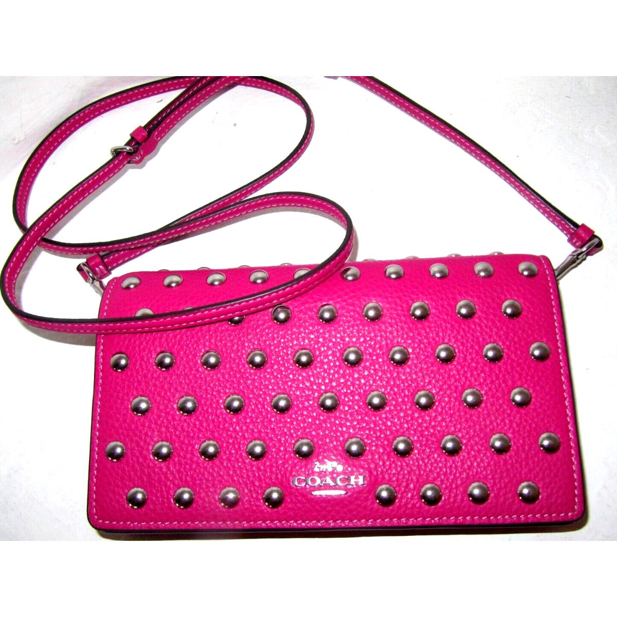 Coach CM851 Anna Foldover Clutch Crossbody Rivets Cerise Pebble Leather