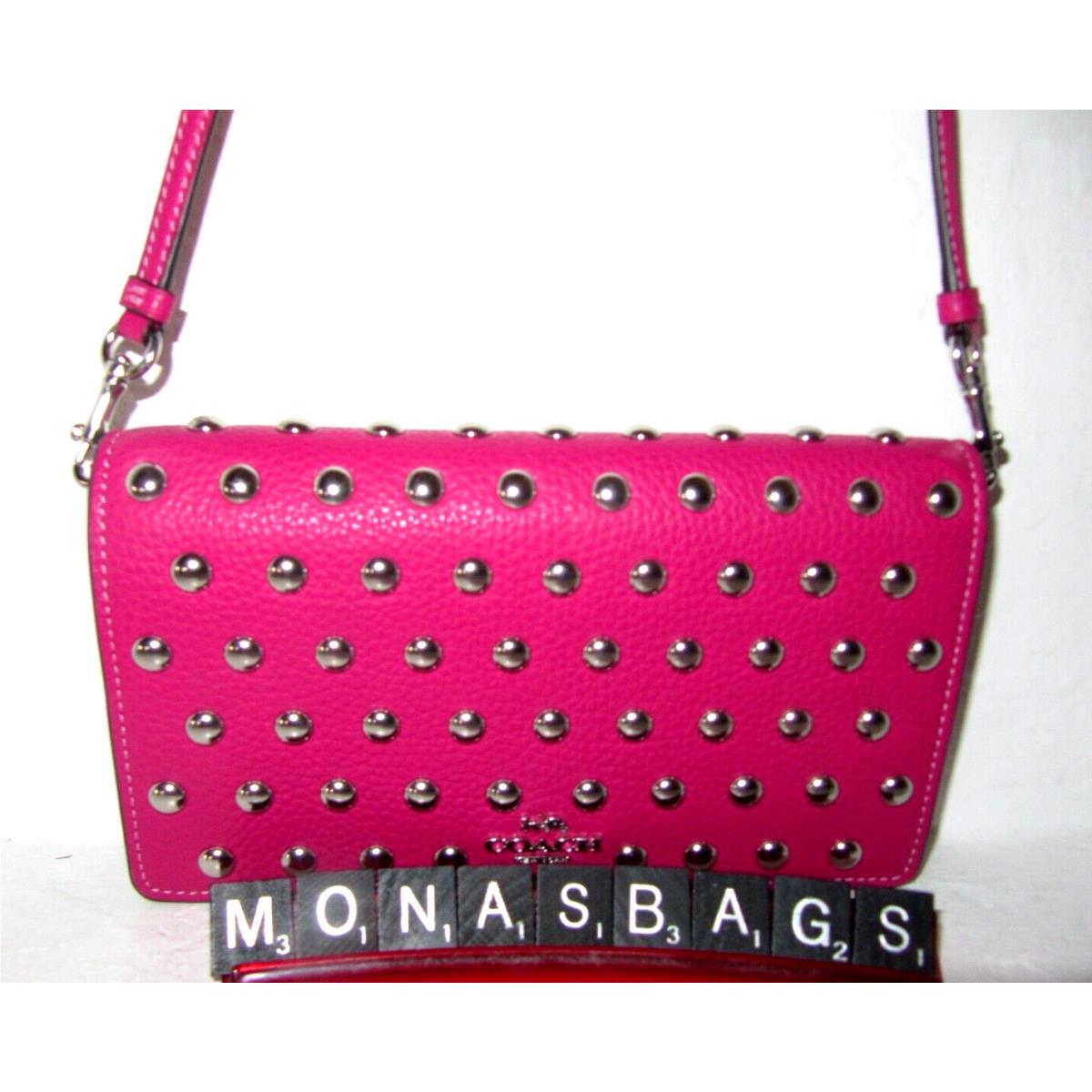 Coach CM851 Anna Fold Over Clutch Crossbody Cerise Pink Pebble Leather