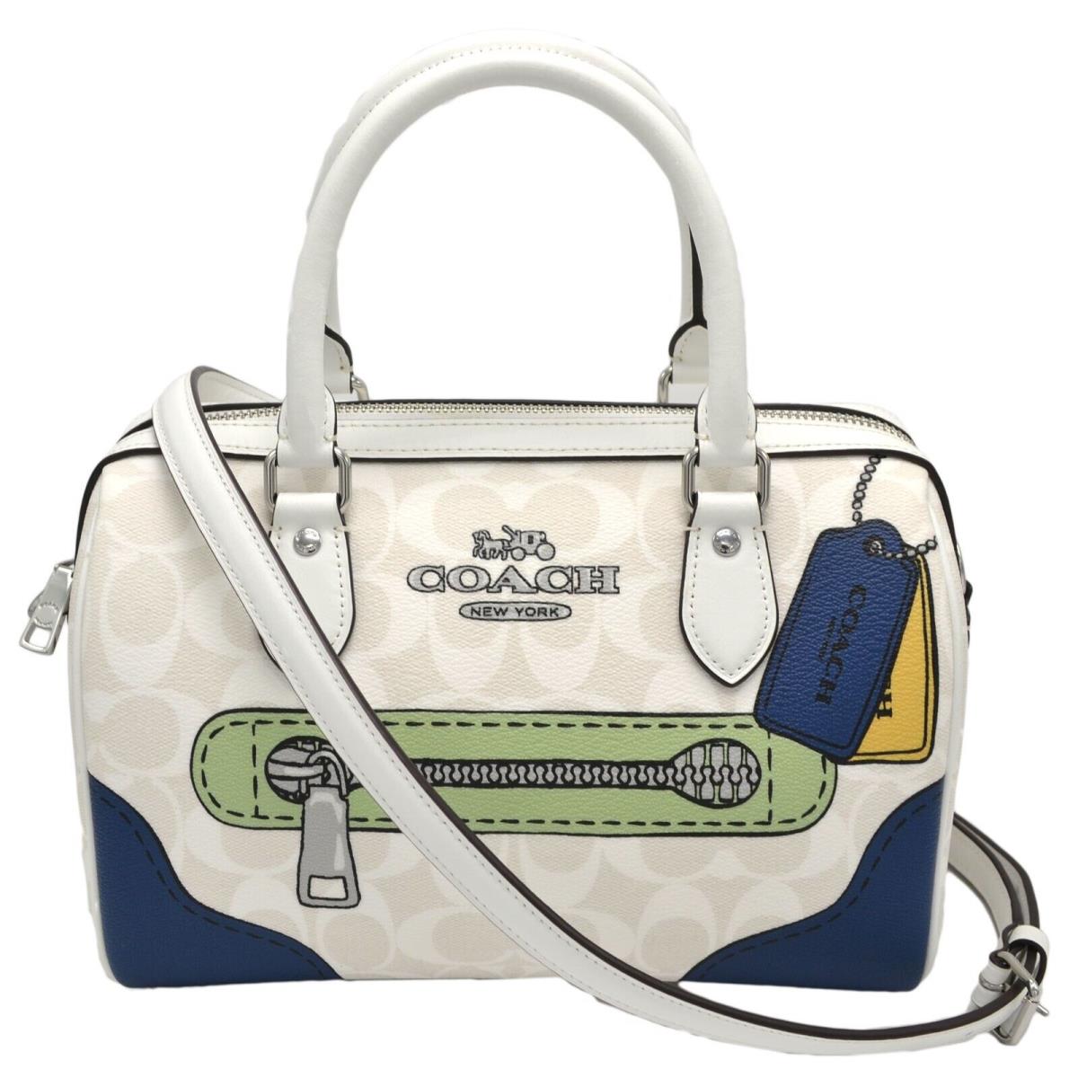Coach Women`s Rowan Satchel Purse Crossbody Handbag Trompe L`oeil Print Logo - Hardware: Silver, Exterior: White