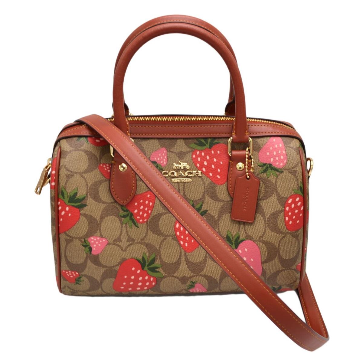 Coach Women`s Rowan Satchel Purse Strawberry Print Canvas Crossbody Handbag