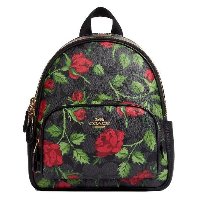 Coach Mini Backpack Coated Canvas Leather Rose Print Multi Red Black CC331