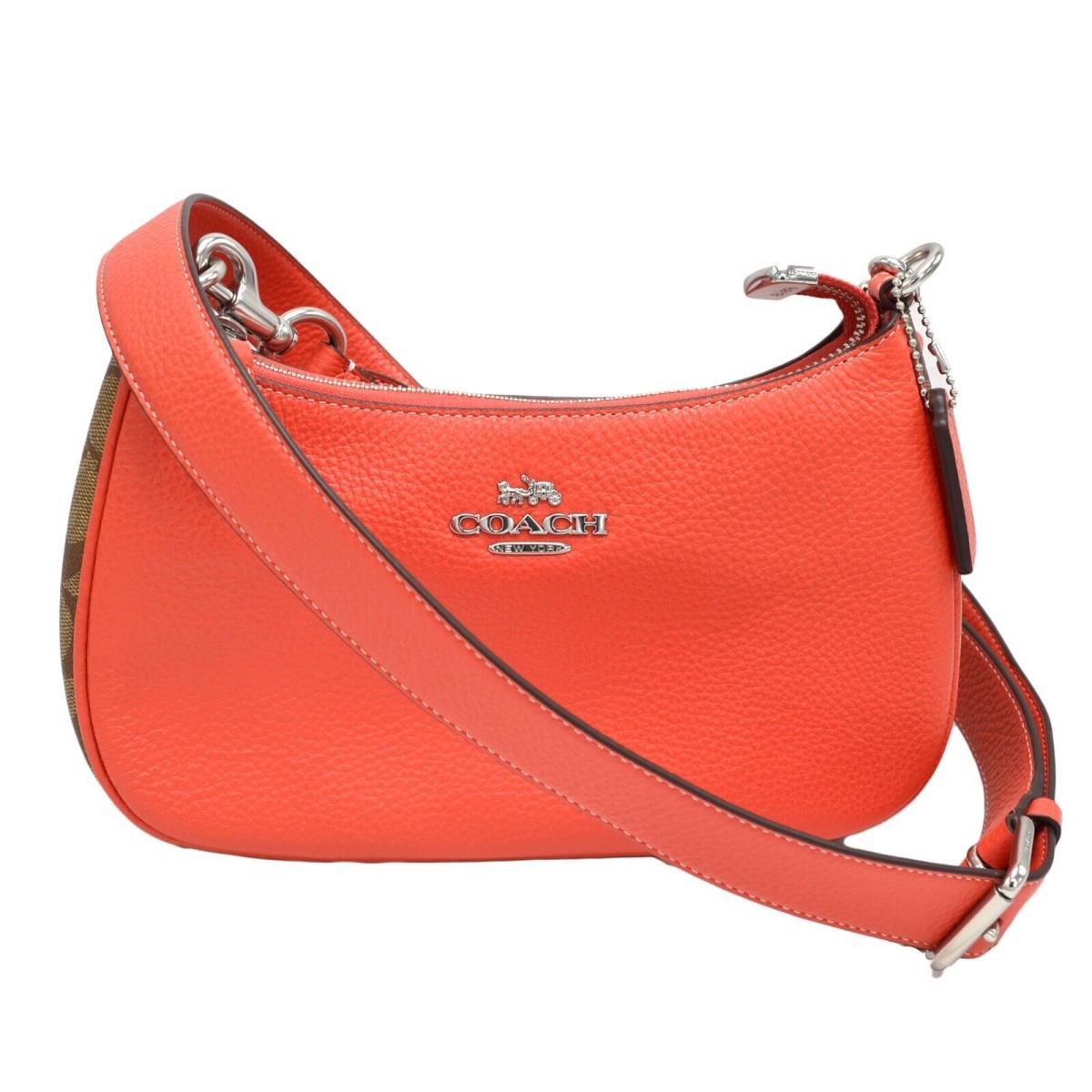 Coach Women`s Teri Shoulder Bag Crossbody Tote Purse Pebbled Leather Handbag - Handle/Strap: Orange, Hardware: Silver, Exterior: