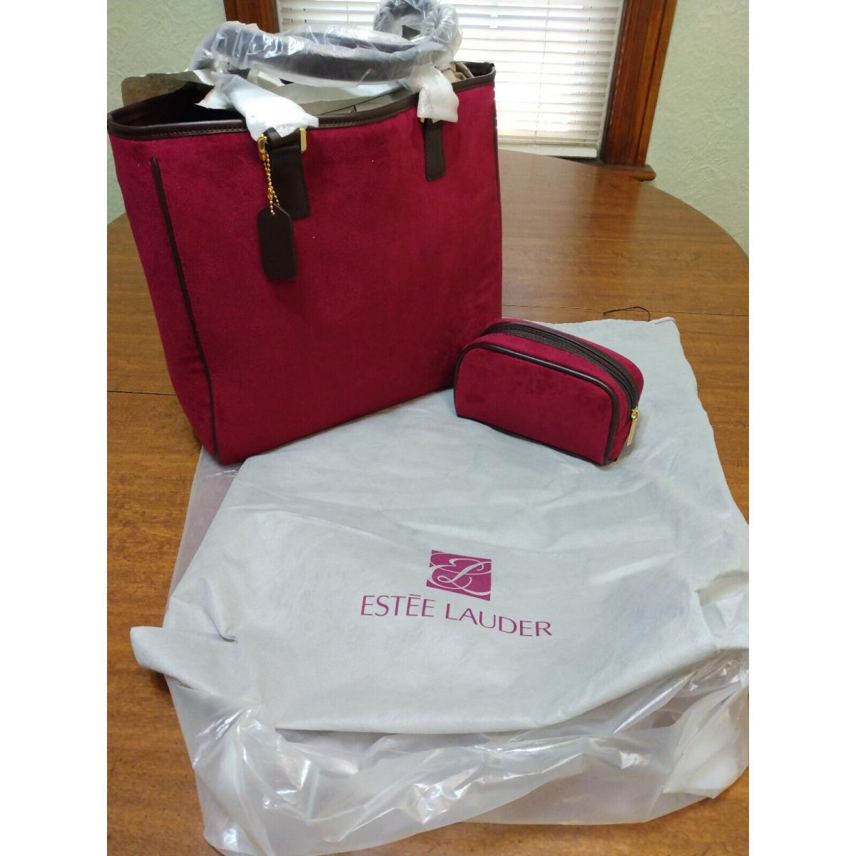 Estee Lauder Tote Bag Red Suede Like W/make Up Bag Dust Cover