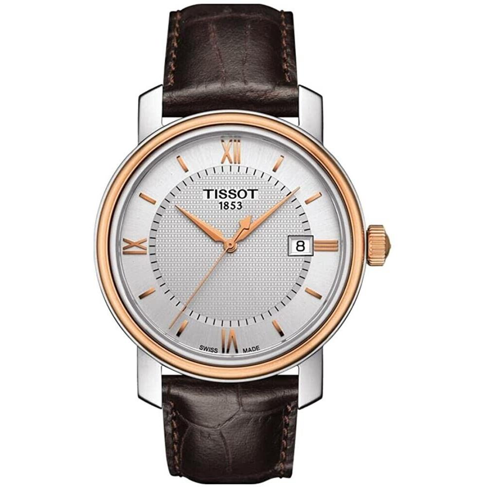 Tissot Bridgeport Quartz Silver Dial Men`s Watch T0974102603800 - Dial: Silver, Band: Brown, Bezel: Gold