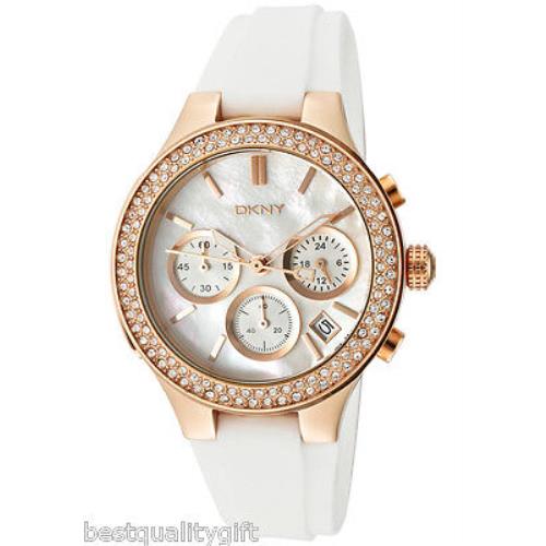 New Dkny White Silicone Rose Gold Crystals Chronograph Mop Dial Watch NY8198