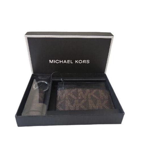 Michael Kors Men Card Holder Leather Wallet with Keychain Holder Brown