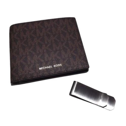 Michael Kors Men`s Jet Set Bifold 6 Pocket Wallet Money Clip Gift Set Brown