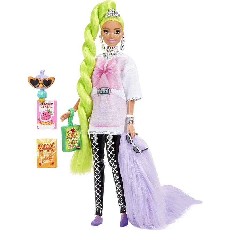 Barbie Extra Doll and Barbie Accessories with Neon Green Hair Feather Boa and P