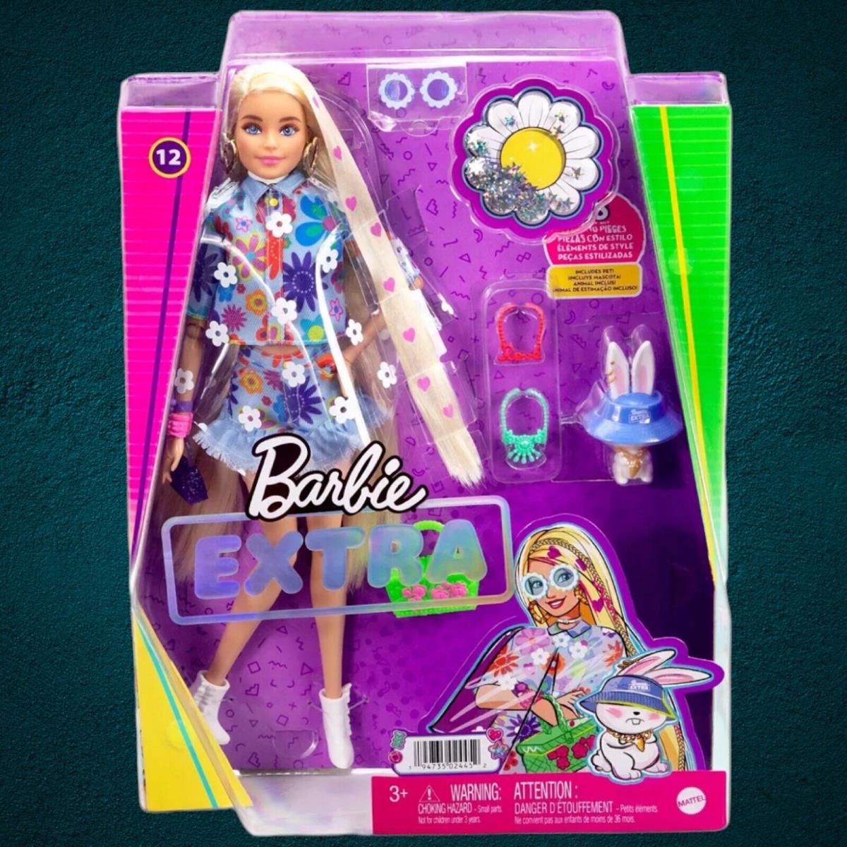 Barbie Extra Doll 12 with Per Bunny Floral Print Jacket Hearts Hair Mattel