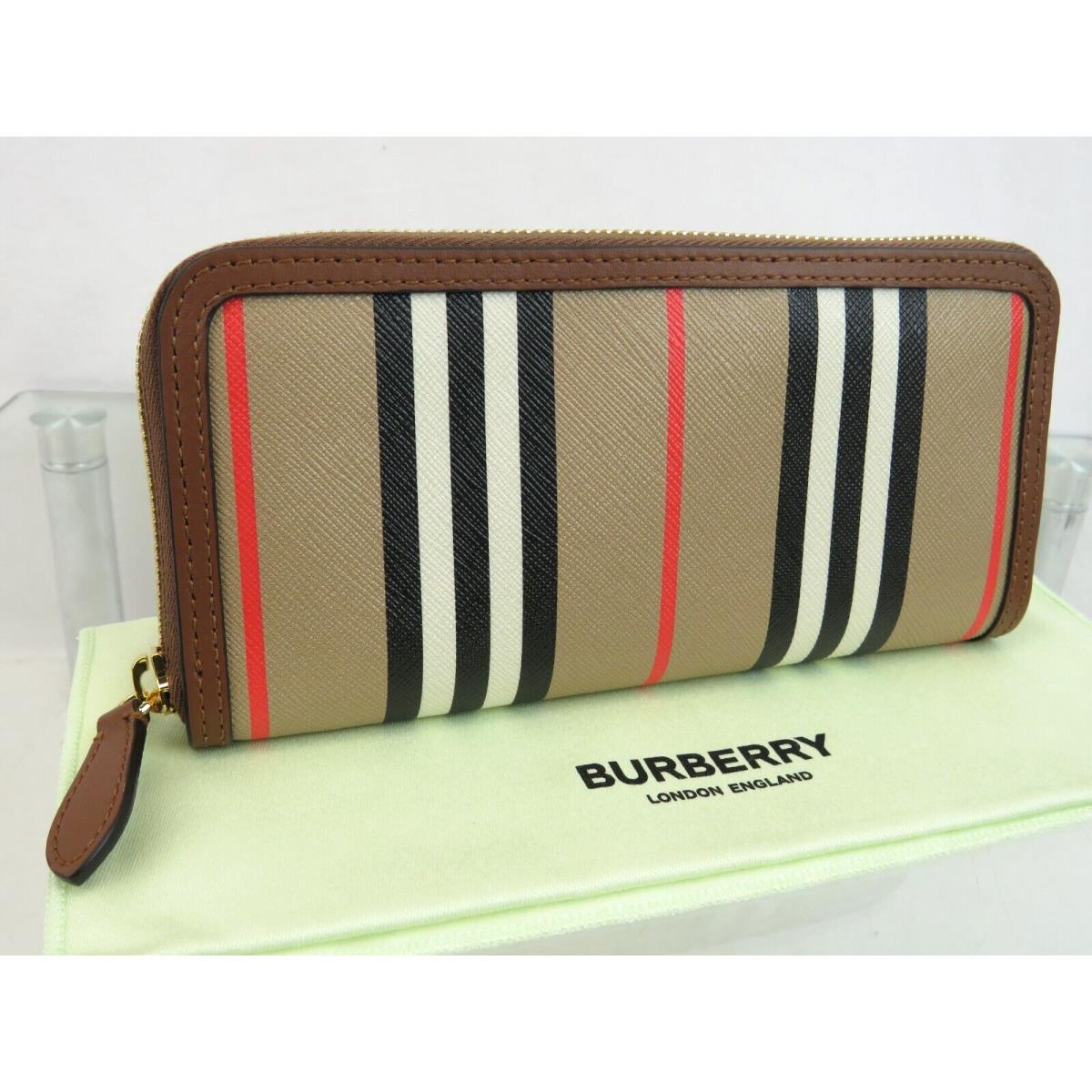 Burberry Ellerby Tan Leather Icon Stripe Canvas Zip Around Continental Wallet