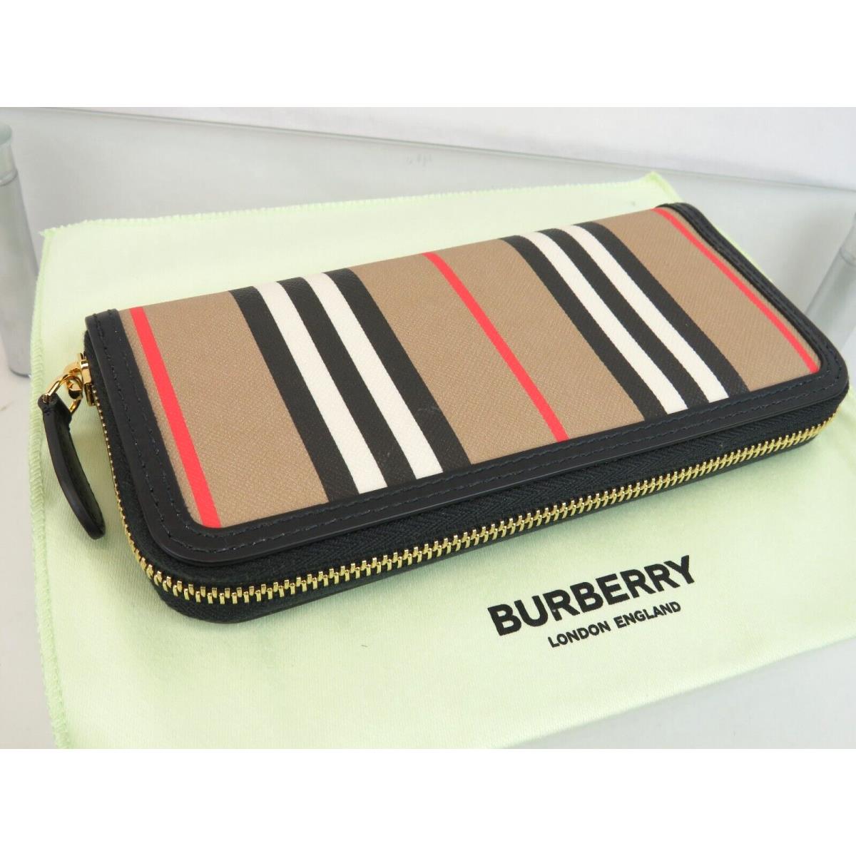 Burberry Ellerby Black Leather Icon Stripe Canvas Zip Around Continental Wallet