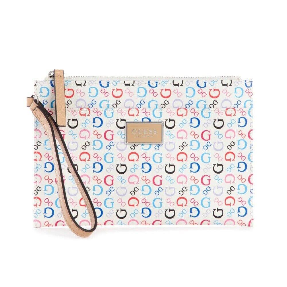 Guess Women`s Rainbow Logo Zip Wristlet Wallet Clutch Bag - White Multi