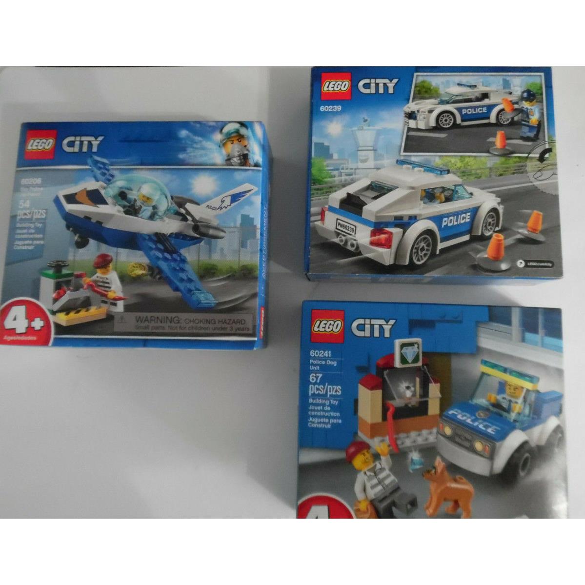 3 Lego City Police: Patrol Car 60239 Dog Unit 60241 Sky Jet Patrol 60206