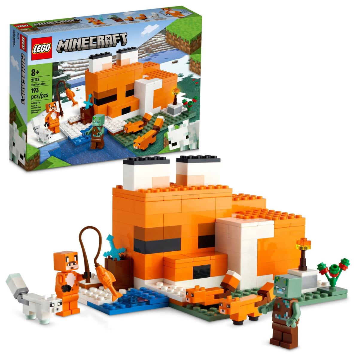 Lego Minecraft The Fox Lodge House 21178 Animal Toys with Drowned Zombie Figure