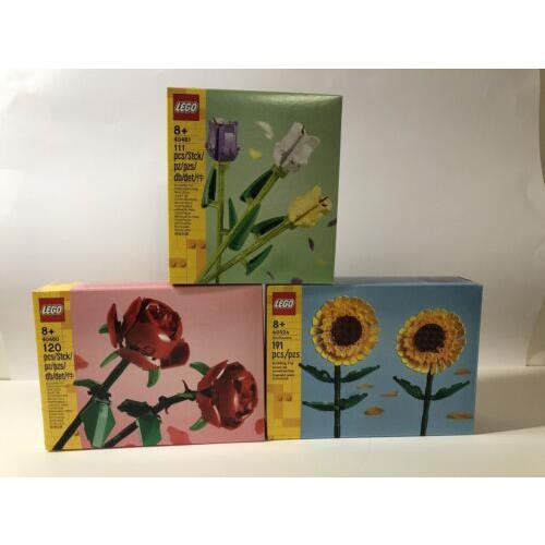 3 Lego Flower Sets 40460 Red Roses 40461 Tulips 40524 Sunflower