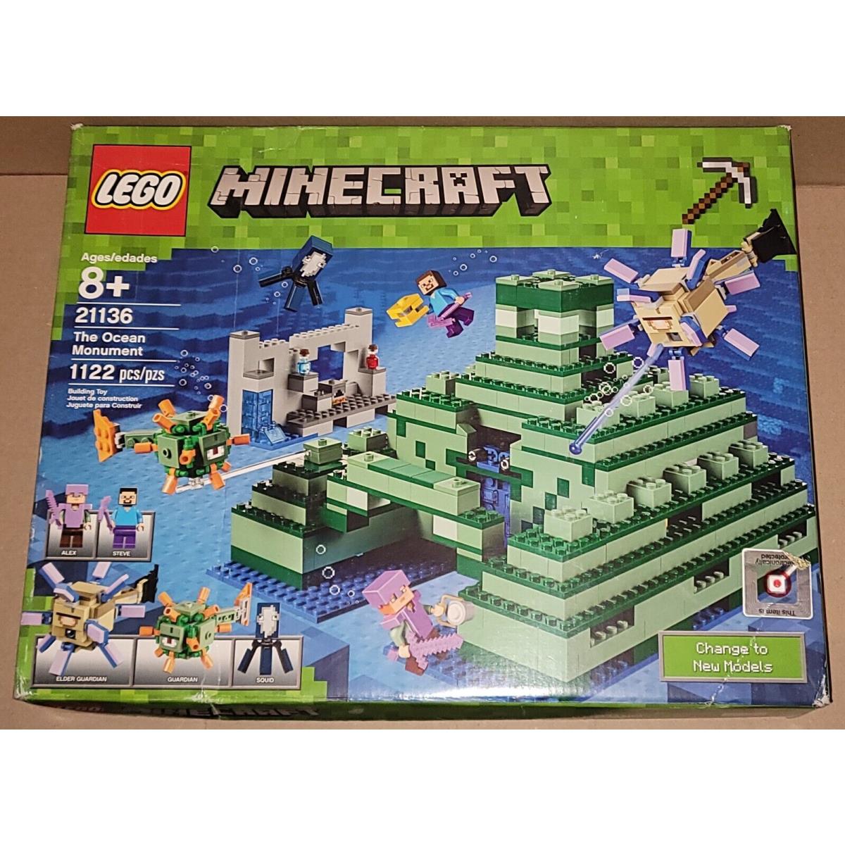 Lego 21136 The Ocean Monument Minecraft Creased Box Steve Alex Squid Guardian
