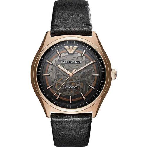 Emporio Armani Meccanico AR60004 Gold Bezel Black Leather Strap Men`s Watch