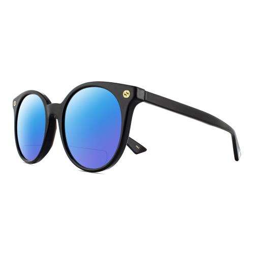 Gucci GG0091S Womens Round Designer Polarized Bifocal Sunglasses Black Gold 52mm Blue Mirror