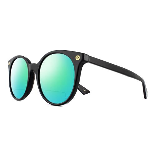 Gucci GG0091S Womens Round Designer Polarized Bifocal Sunglasses Black Gold 52mm Green Mirror