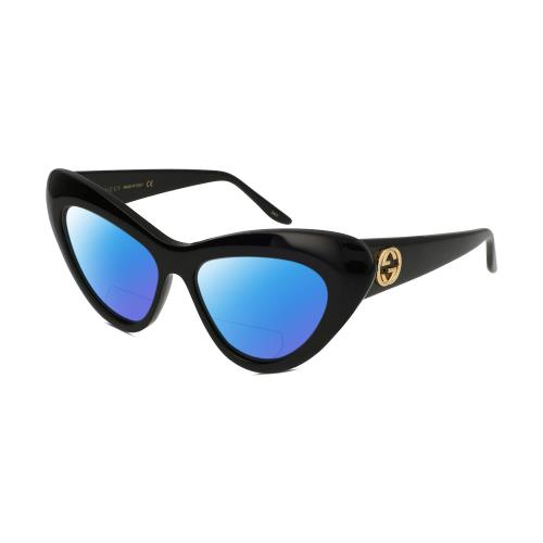 Gucci GG0895S Women Cateye Designer Polarized Bifocal Sunglasses Black Gold 54mm Blue Mirror