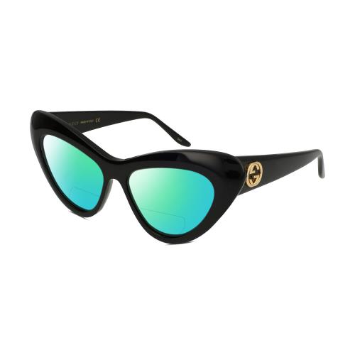 Gucci GG0895S Women Cateye Designer Polarized Bifocal Sunglasses Black Gold 54mm Green Mirror