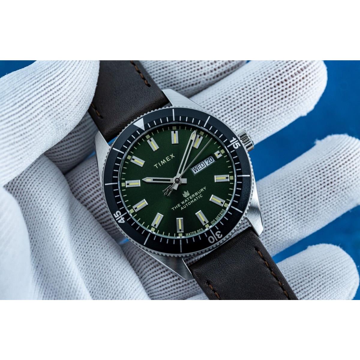Timex The Waterbury Automatic Green Dial Leather Strap - TW2V24700 - Dial: Green, Band: Brown, Bezel: Black