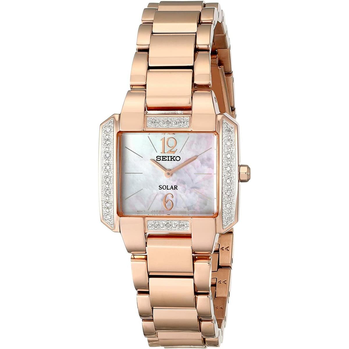 Seiko SUP212 Solar Rose Gold Tone Case Diamond White Mop Dial Womens Dress Watch