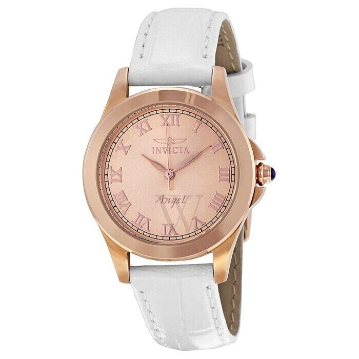 Invicta Women`s 14806 Angel Rose Gold Tone Stainless Steel White Leather Watch