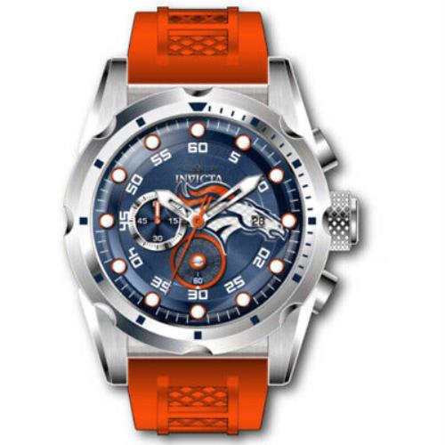 Invicta Nfl Denver Broncos Chronograph Quartz Men`s Watch 45529 - Dial: Orange and Silver and White and Blue, Band: Orange, Bezel: Silver-tone