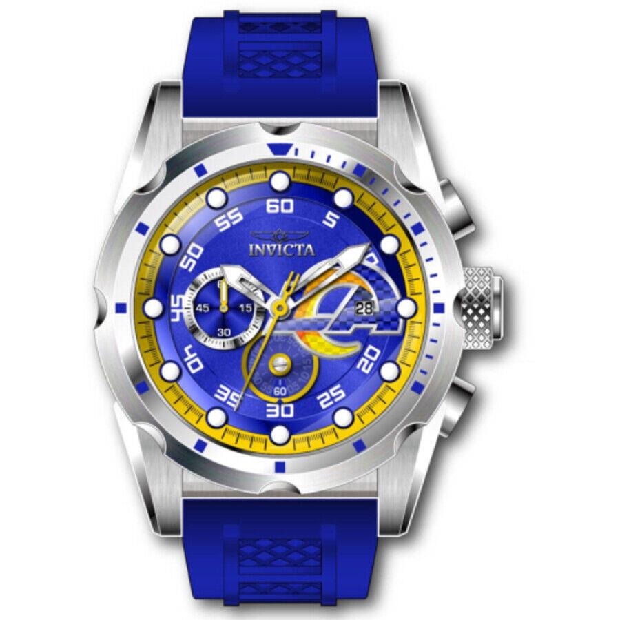 Invicta Nfl Los Angeles Rams Chronograph Quartz Men`s Watch 45521 - Dial: Yellow and Orange and Silver and White and Blue, Band: Blue, Bezel: Silver-tone