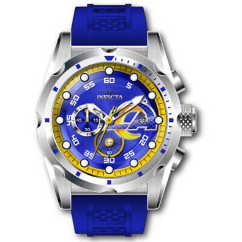 Invicta Nfl Los Angeles Rams Chronograph Quartz Men`s Watch 45521 - Dial: Yellow and Orange and Silver and White and Blue, Band: Blue, Bezel: Silver-tone