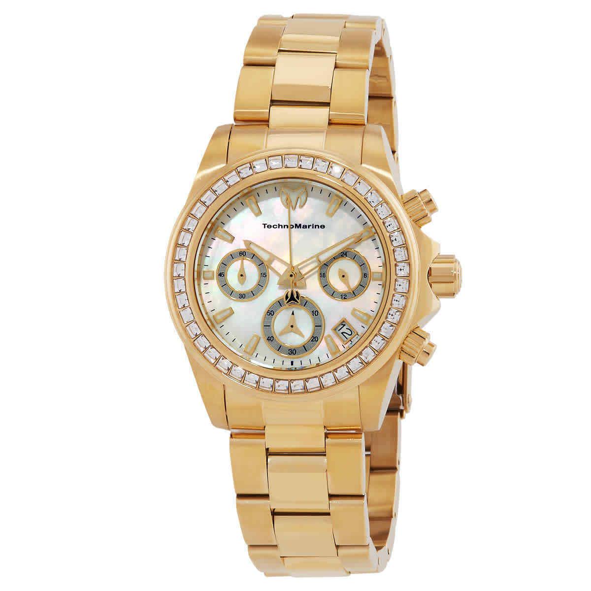 Technomarine Manta Ray Chronograph Quartz White Mop Dial Ladies Watch TM-222048 - Dial: White, Band: Gold-tone, Bezel: Gold-tone