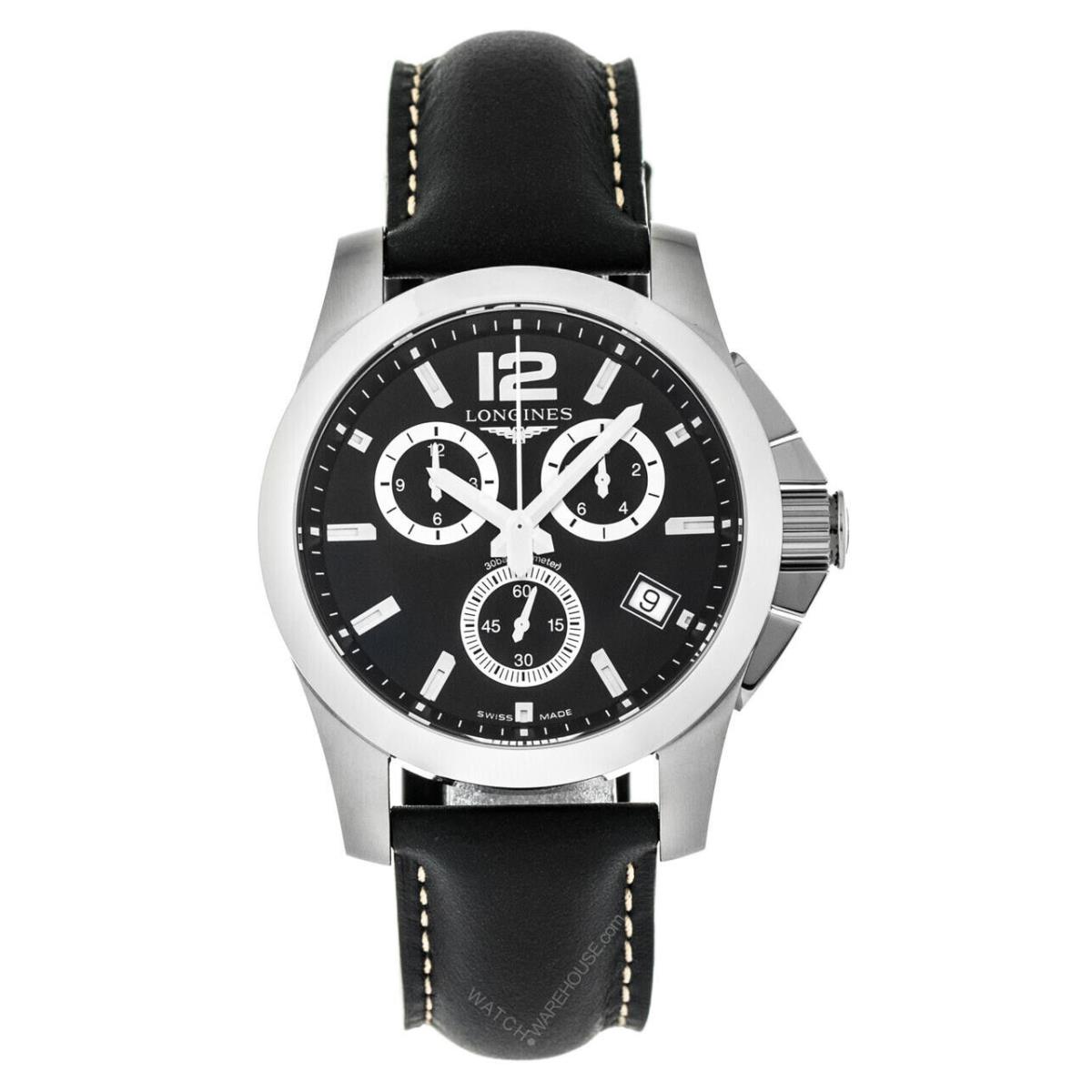 Longines Conquest 41MM Chrono SS Black Leather Watch L36604563