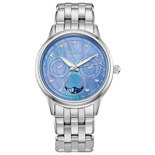 Citizen FD0000-52N Calendrier Eco-drive Moon Phase Diamond Mop Blue Dial Watch - Dial: , Band: Silver, Bezel: Silver