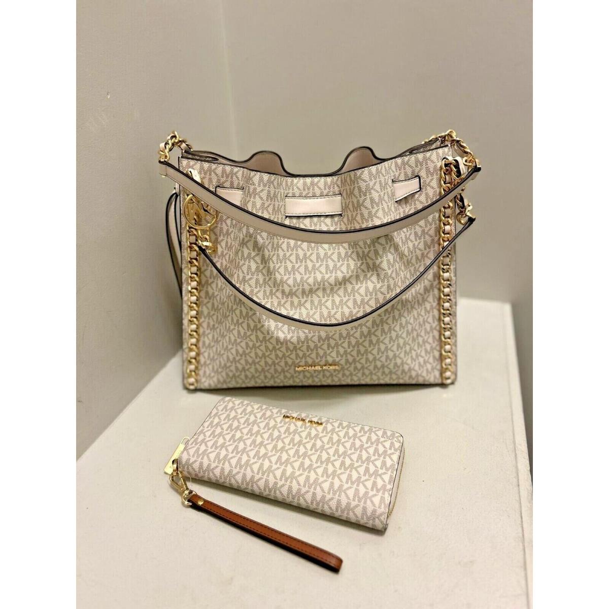 Michael Kors Mina Large Pvc Belted Chain Shoulder Bag+ Long Zip Around ID Wallet LIGHT CREAM MULTI