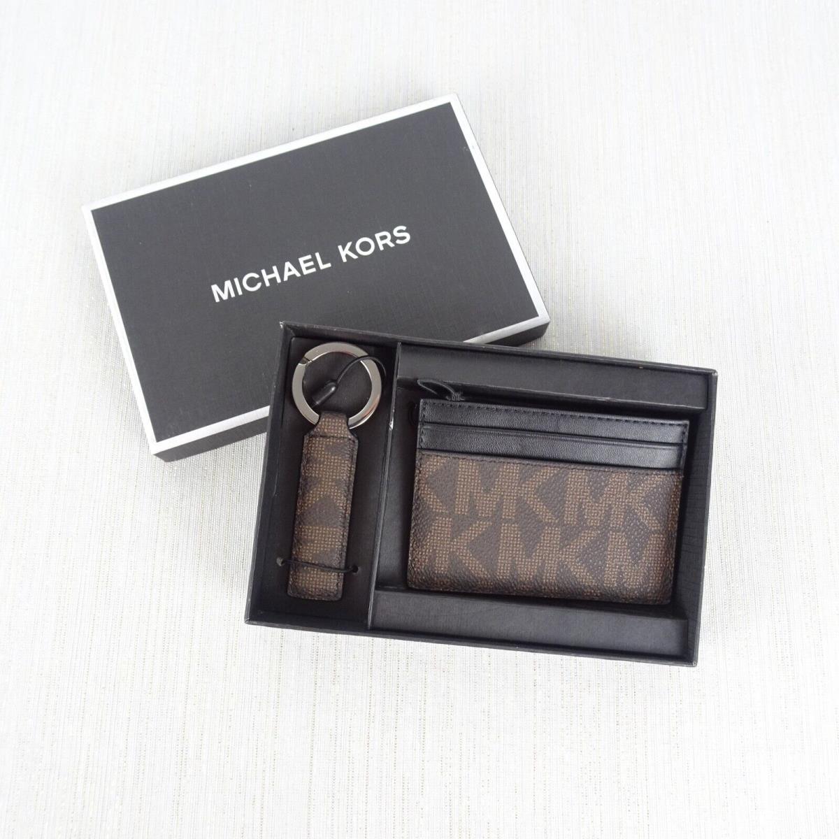 Michael Kors Men`s Card Case Wallet Key Fob/key Chain Logo MK Brown 2-PC