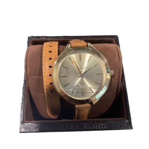 Michael Kors Runway Champagne Dial Tan Leather Ladies Watch MK2256 - Dial: Champagne, Band: Brown