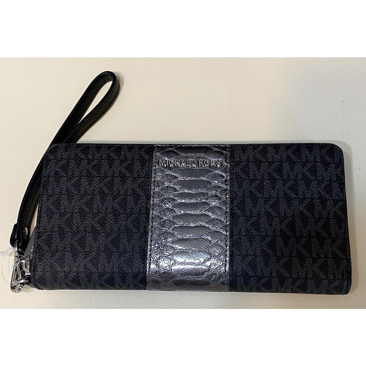 Michael Kors Money Pieces Zip Around Continental Wallet Black Pewter Logo Snake