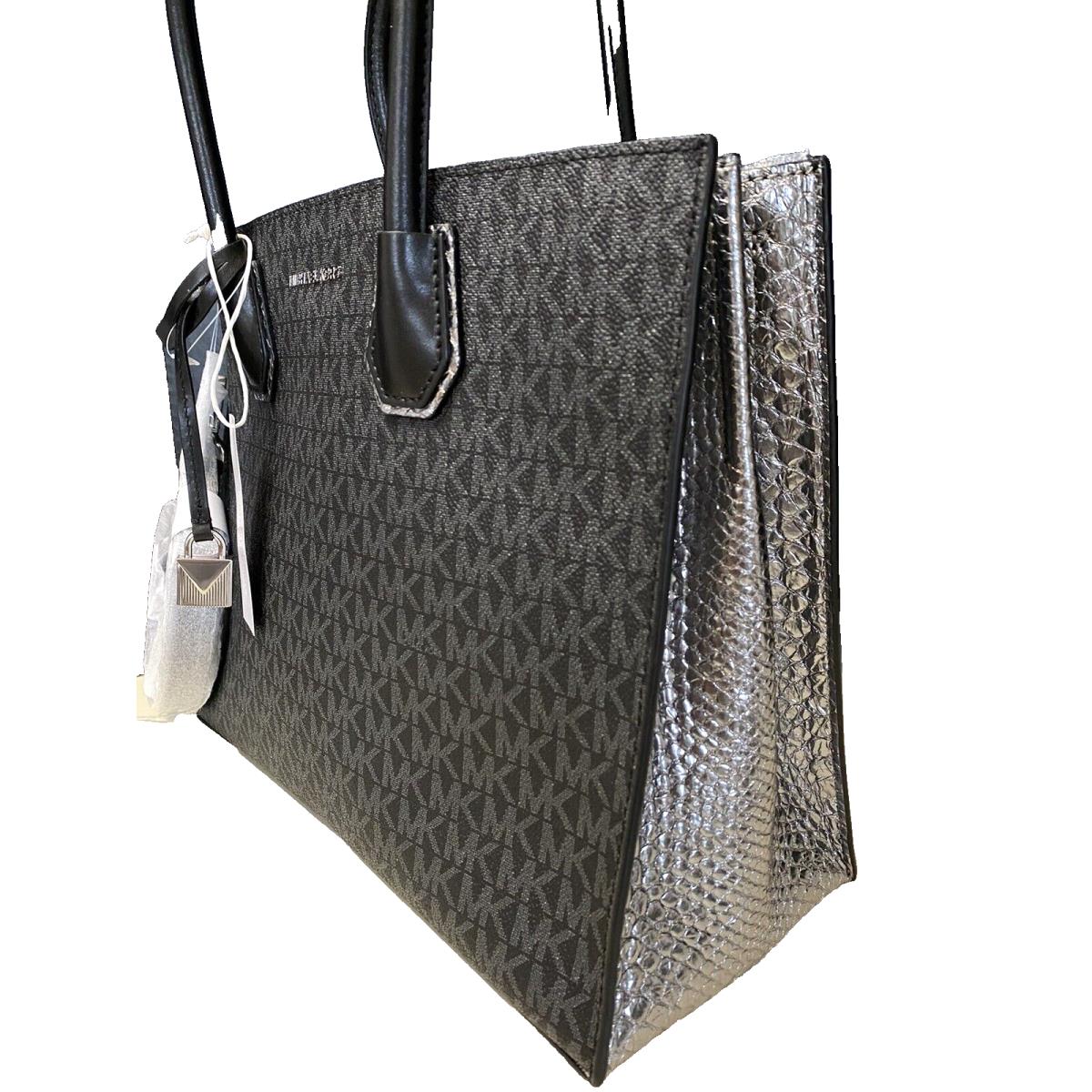 Michael Kors Studio Mercer Convertible Tote Black Pewter Logo Snake