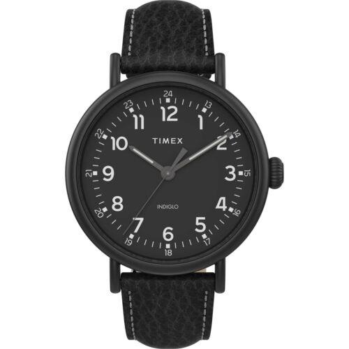 Timex Men`s Watch Standard Black Indiglo Light-up Dial Leather Strap TW2T91000 - Dial: Black, Band: Black
