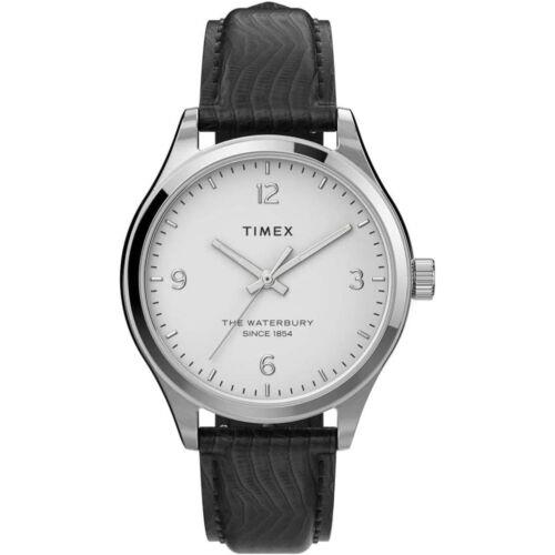 Timex Women`s Watch Waterbury White Dial Black Leather Strap Quartz TW2U97700VQ - Dial: White, Band: Black