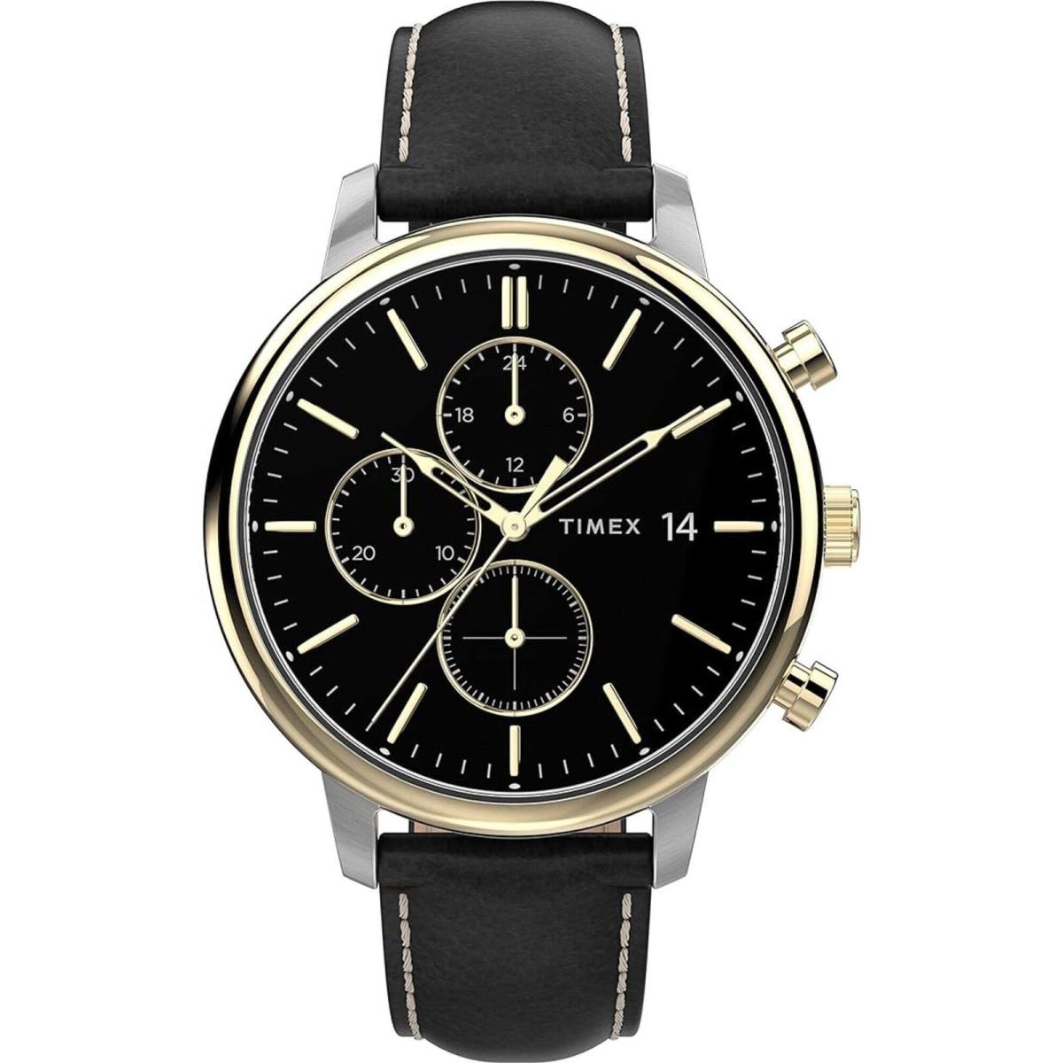 Timex Men`s Watch Chicago Chronograph Black Dial Black Leather Strap TW2U39100VQ - Face: Black, Dial: Black, Band: Black