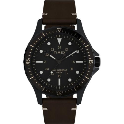 Timex Men`s Watch Navi XL Rotating Bezel Black Dial Leather Strap TW2V45400VQ - Dial: Black, Band: Brown
