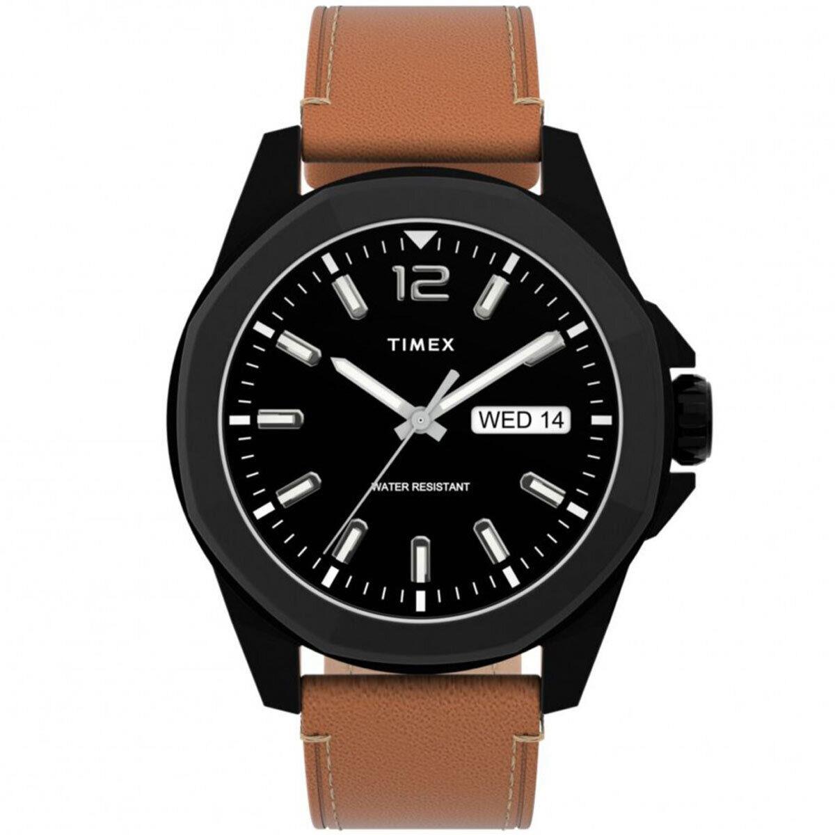 Timex Men`s Watch Essex Avenue Quartz Black Dial Leather Strap TW2U15100VQ