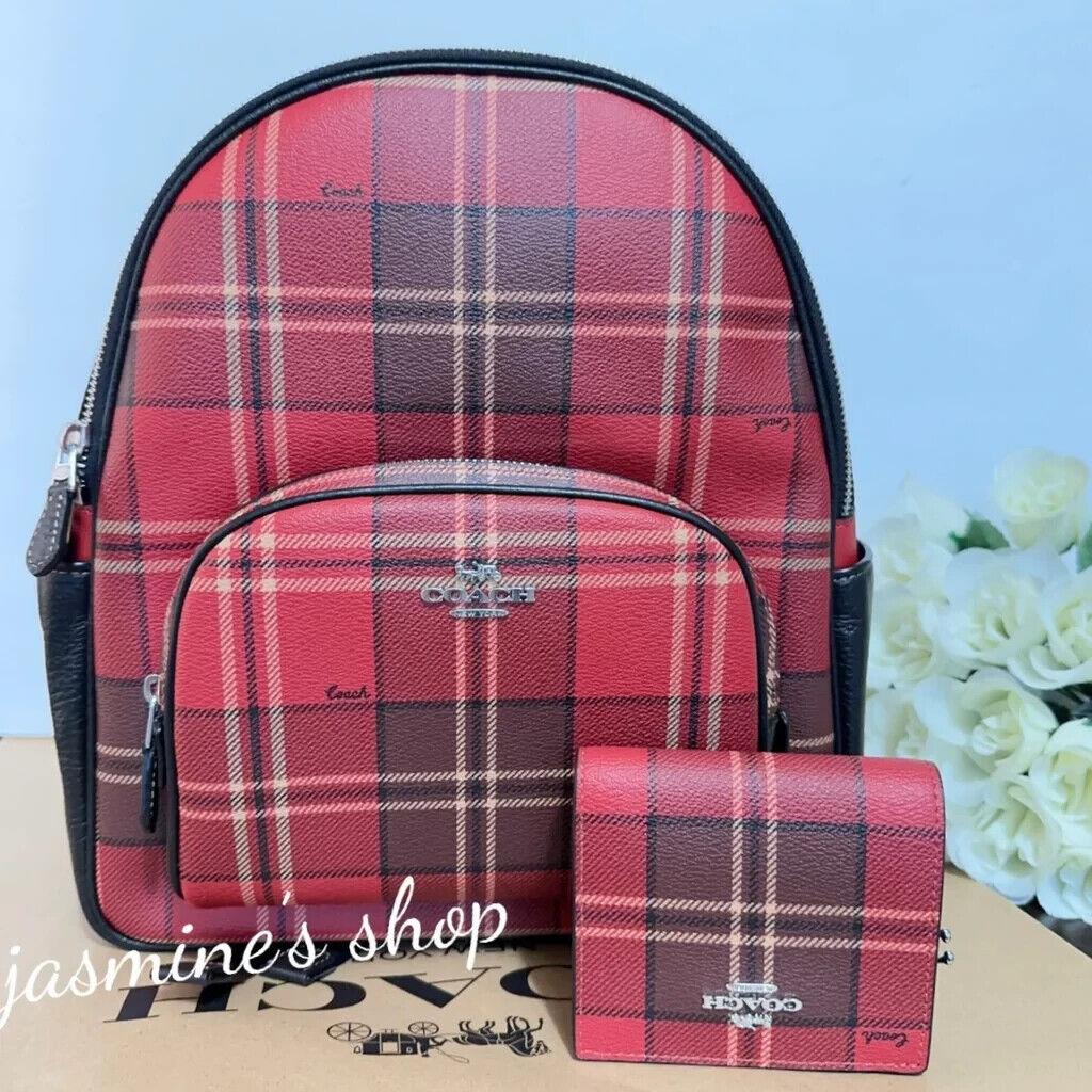 Coach Court Backpack with Tartan Plaid Print CC145+snap Wallet cc810