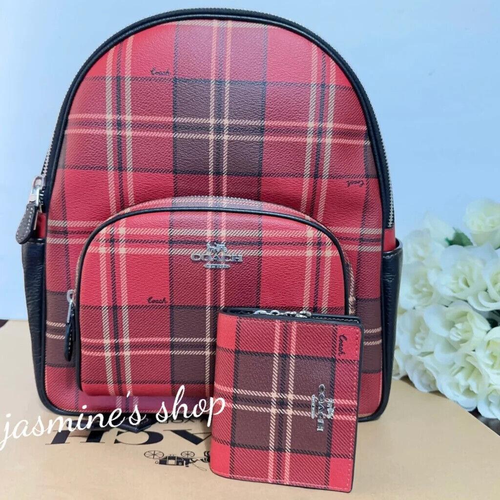 Coach Court Backpack with Tartan Plaid Print CC145+snap Wallet cc810 backpack cc145 +wallet cc810