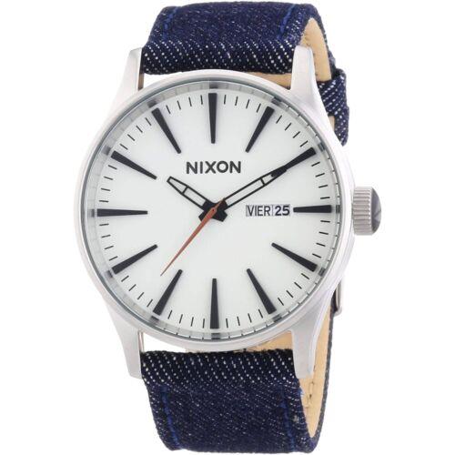 Nixon Men`s Watch Sentry Day-date White Dial Blue Leather Strap Quartz A1051540
