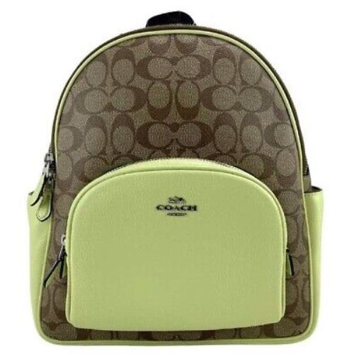 Coach Khaki Pale Lime Court Backpack in Signature Canvas Leather 5671