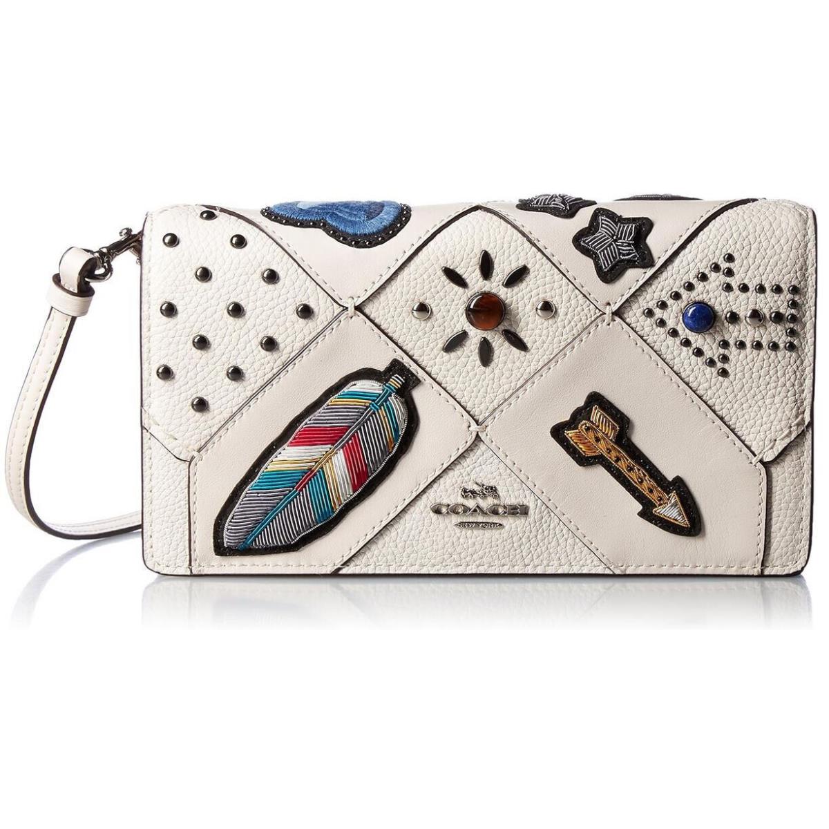 Coach Womens Embellished Canyon Leather Quilt Foldover Crossbody Chalk 57712