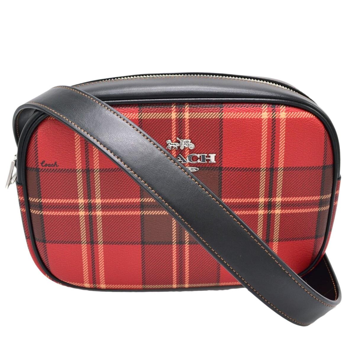 Coach Women`s Jamie Camera Bag Crossbody Purse Handbag Tartan Plaid Logo - Handle/Strap: Black, Hardware: Silver, Exterior: Red